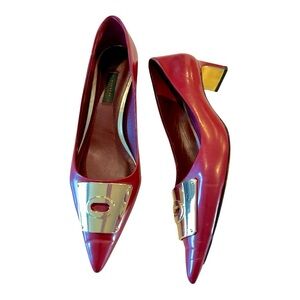 Coach Burgundy Leather Pumps with Gold Buckle & Heel Detail – Size 9.5B Classy